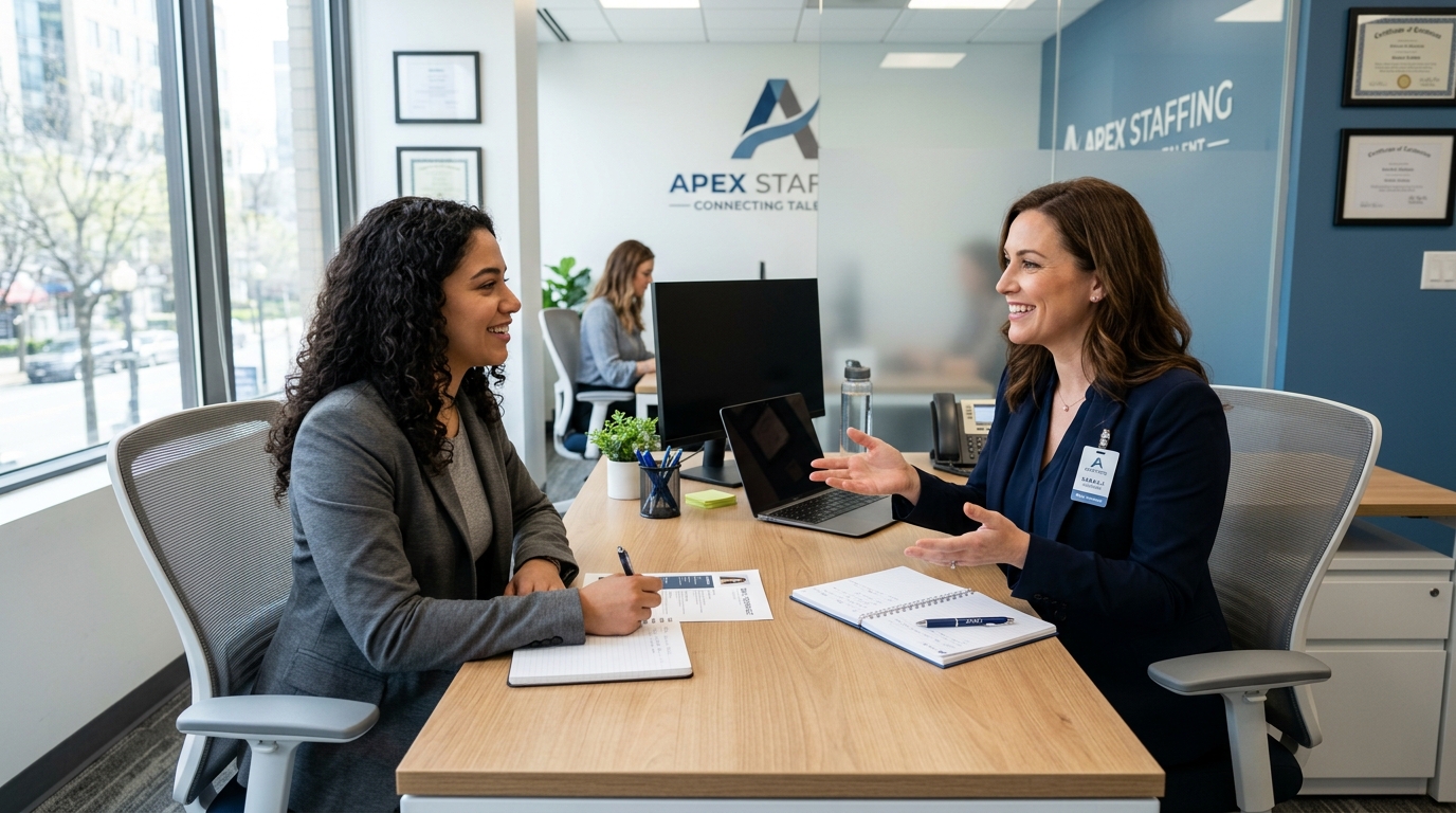 Recruiter reviewing candidate qualifications in modern staffing agency office