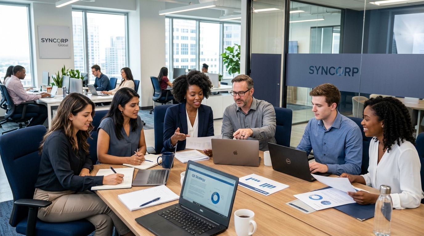 Diverse American business team collaborating in a modern corporate office